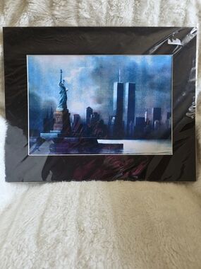 Teal and Navy New York Skyline Art Print with Statue of Liberty - Unbranded